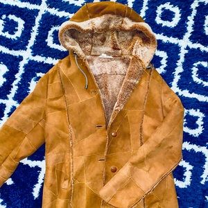 Whiskey brown suede shearling faux fur coat